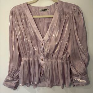 Ciao Lucia Talita top metallic orchid lavender purple peplum button puff medium